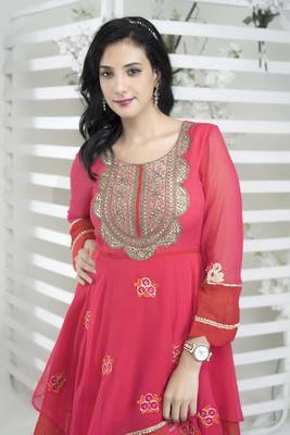 Pink georgette embroidered asymmetrical kurta & 1
