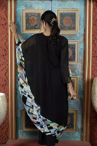 Black georgette embroidered asymmetrical kurta &