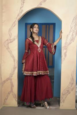 Maroon net embroidered a line kurta & 3