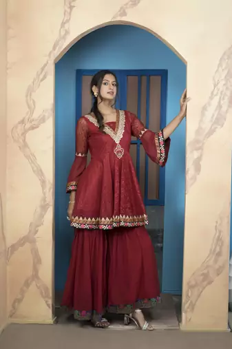 Maroon net embroidered a line kurta &