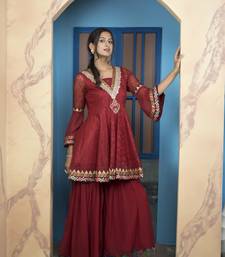 Maroon net embroidered a line kurta &