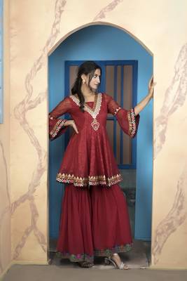 Maroon net embroidered a line kurta & 5