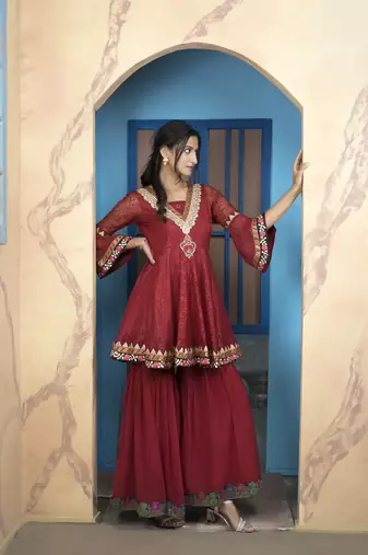 Maroon net embroidered a line kurta &