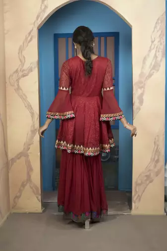 Maroon net embroidered a line kurta &