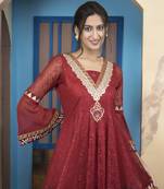 Maroon net embroidered a line kurta &