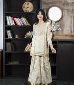Beige chanderi silk embroidered asymmetrical kurta &
