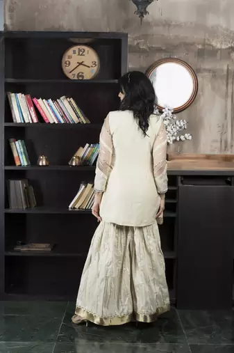 Beige chanderi silk embroidered asymmetrical kurta &