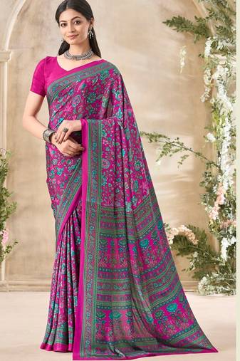 Magneta,Blue Floral Crepe Silk Printed Saree,Sari Comes With Blouse