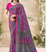 Magneta,Blue Floral Crepe Silk Printed Saree,Sari Comes With Blouse