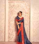 Navy blue foil printed soft dola silk blend saree with blouse