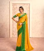 Yellow foil printed soft dola silk blend saree with blouse