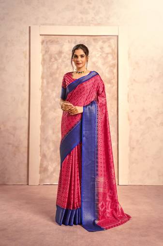 Rani pink foil printed soft dola silk saree with blouse