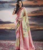 Digital print satin weaving classic saree in cream