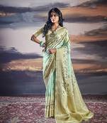 Digital print satin weaving classic saree in aqua blue and sea green