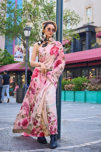 Vsaree Cream Silk Crepe Digital Printed Saree With Blouse For Women