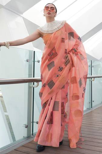 Vsaree Pink Tissue Silk Printed Saree With Blouse For Women 