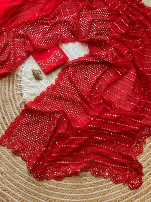 Red Lucknowi Thread Chikankari Sequins Work Georgette Silk Saree 1