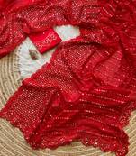 Red Lucknowi Thread Chikankari Sequins Work Georgette Silk Saree