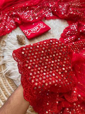 Red Lucknowi Thread Chikankari Sequins Work Georgette Silk Saree 3