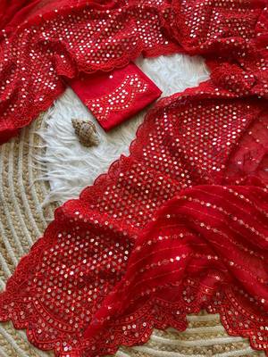 Red Lucknowi Thread Chikankari Sequins Work Georgette Silk Saree 4