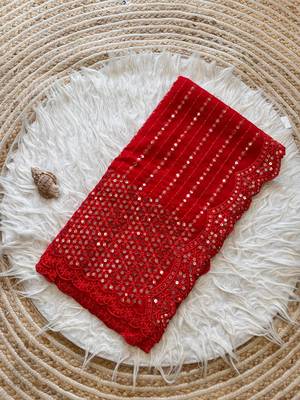 Red Lucknowi Thread Chikankari Sequins Work Georgette Silk Saree 5