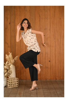 Senorita Beige printed slim fit sleeveless cotton co-ord set 1