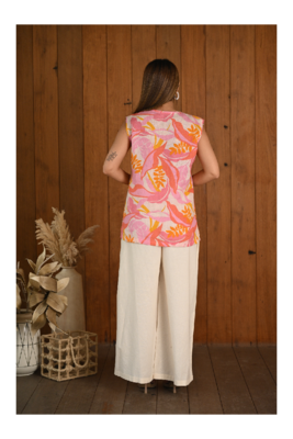 Senorita Printed pink-orange linen & cotton sleeveless co-ord set 2