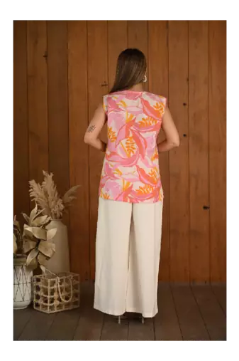 Senorita Printed pink-orange linen & cotton sleeveless co-ord set