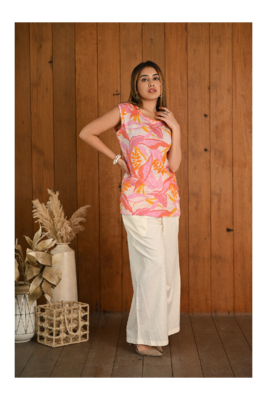 Senorita Printed pink-orange linen & cotton sleeveless co-ord set 3