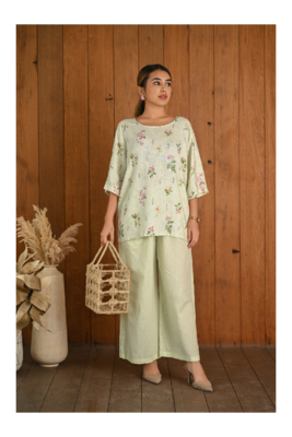 Senorita Light green & white linen & cotton half sleeve co-ord set 1