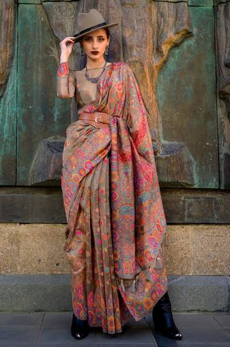 Brown Organza Silk Handloom Weaving Silk Saree With Rich Pallu atteched With Blouse