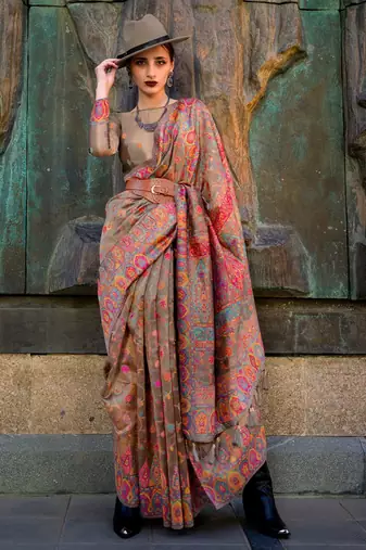 Brown Organza Silk Handloom Weaving Silk Saree With Rich Pallu atteched With Blouse