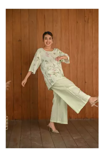 Senorita Light green & white linen & cotton half sleeve co-ord set