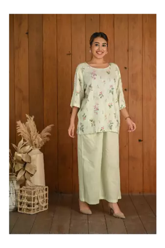 Senorita Light green & white linen & cotton half sleeve co-ord set