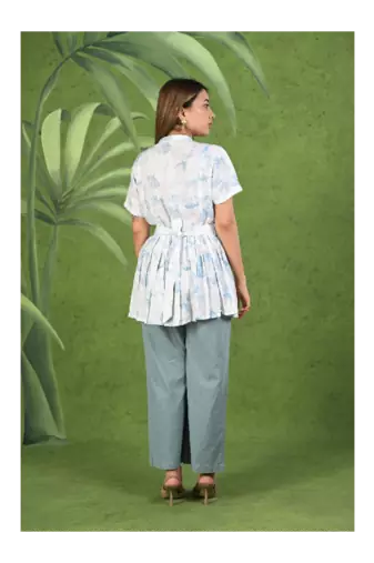 Senorita Light blue & white printed frock style modal & linen cotton half sleeve co-ord set