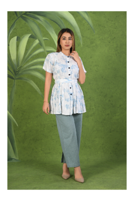 Senorita Light blue & white printed frock style modal & linen cotton half sleeve co-ord set 3