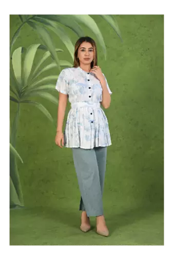 Senorita Light blue & white printed frock style modal & linen cotton half sleeve co-ord set