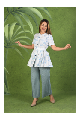 Senorita Light blue & white printed frock style modal & linen cotton half sleeve co-ord set 1