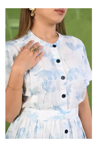 Senorita Light blue & white printed frock style modal & linen cotton half sleeve co-ord set