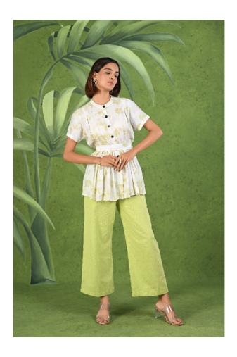 Senorita Light green & white printed frock style modal & linen cotton half sleeve co-ord set