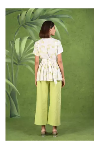 Senorita Light green & white printed frock style modal & linen cotton half sleeve co-ord set