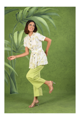 Senorita Light green & white printed frock style modal & linen cotton half sleeve co-ord set 3