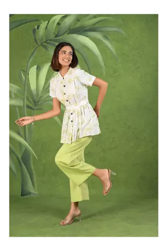 Senorita Light green & white printed frock style modal & linen cotton half sleeve co-ord set