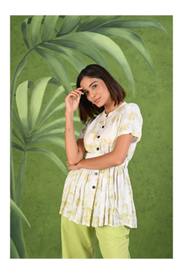 Senorita Light green & white printed frock style modal & linen cotton half sleeve co-ord set 4
