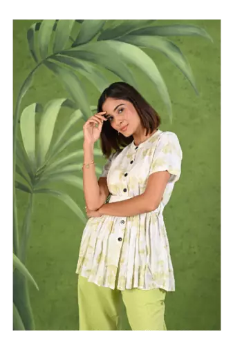 Senorita Light green & white printed frock style modal & linen cotton half sleeve co-ord set