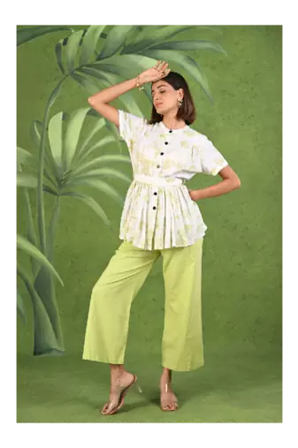 Senorita Light green & white printed frock style modal & linen cotton half sleeve co-ord set