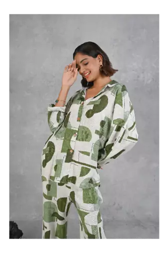 Senorita Green & white modal slub printed full sleeve co-ord set