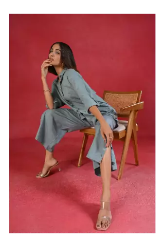 Senorita Slat grey solid linen cotton full sleeve co-ord set