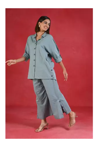 Senorita Slat grey solid linen cotton full sleeve co-ord set