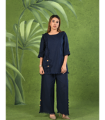 Senorita Navy blue frayed solid linen cotton full sleeve co-ord set
